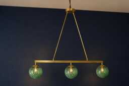 Brushed Brass Linear Chandelier With Green Seeded Glass Globes - 40 - thumbnail 1
