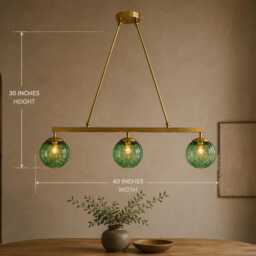 Brushed Brass Linear Chandelier With Green Seeded Glass Globes - 40 - thumbnail 3