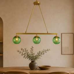 Brushed Brass Linear Chandelier With Green Seeded Glass Globes - 40 - thumbnail 4