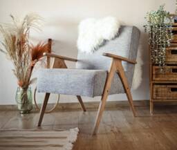 Handmade Mid-Century Armchair Gray Linen, Solid Beech Wood