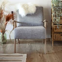 Handmade Mid-Century Armchair Gray Linen, Solid Beech Wood - thumbnail 2