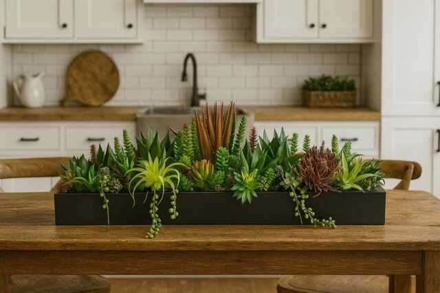 Faux Succulent Planter Artificial Foliage Wooden Centrepiece, Natural Modern Home Decor - image 1