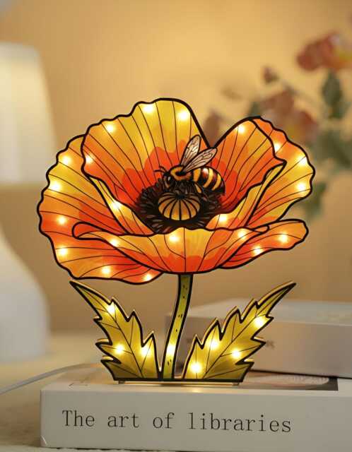 Bee Poppy Flower Suncatcher Night Light Box Faux Mosaic Wood Acrylic Floral Desktop Lamp - image 1