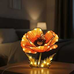 Bee Poppy Flower Suncatcher Night Light Box Faux Mosaic Wood Acrylic Floral Desktop Lamp - thumbnail 3