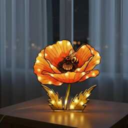 Bee Poppy Flower Suncatcher Night Light Box Faux Mosaic Wood Acrylic Floral Desktop Lamp - thumbnail 2
