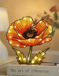 Bee Poppy Flower Suncatcher Night Light Box Faux Mosaic Wood Acrylic Floral Desktop Lamp - thumbnail 1