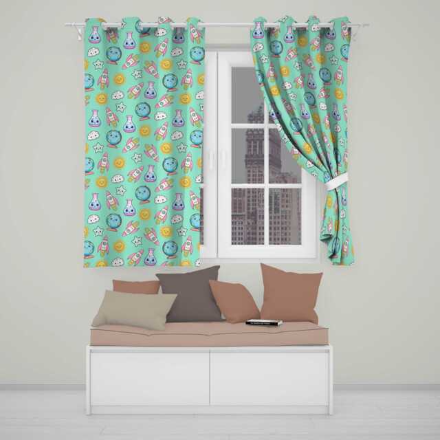 Cute Kawaii Space Rocket Planet Globe Sun Star Green Seamless Pattern Readymade Eyelet Ring Top Thermal 100% Blackout Curtains - image 1