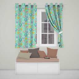 Cute Kawaii Space Rocket Planet Globe Sun Star Green Seamless Pattern Readymade Eyelet Ring Top Thermal 100% Blackout Curtains - thumbnail 1