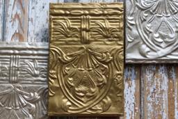 Rare Art Nouveau Vintage Tin Tile Panel. 135 Yr. Old Klimt Design. Burnished Gold Or Silver Recycled Architectual Fragment. Mucha Swirls - thumbnail 1
