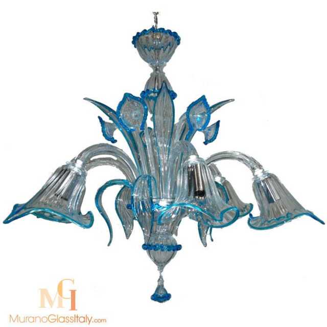 Venetian Crystal Chandelier - Clear & Blue Flower Glass, Handmade - image 1