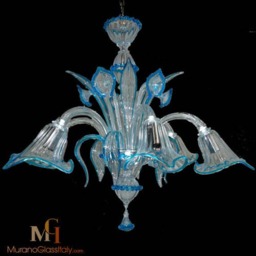 Venetian Crystal Chandelier - Clear & Blue Flower Glass, Handmade - thumbnail 2