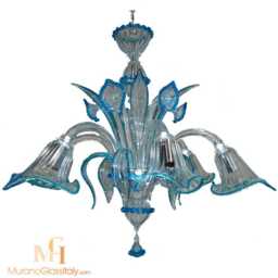 Venetian Crystal Chandelier - Clear & Blue Flower Glass, Handmade - thumbnail 1