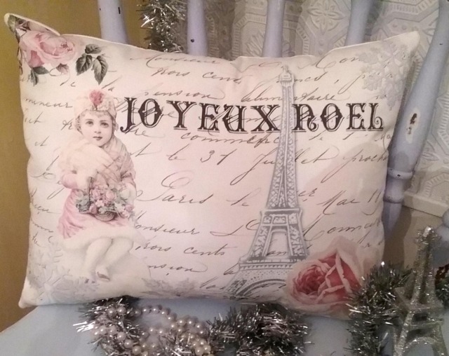 Ch??teaucore Joyeux Noel Paris Inspired French Christmas Throw Pillow, Country D??cor Script & Eiffel Tower, Handmade