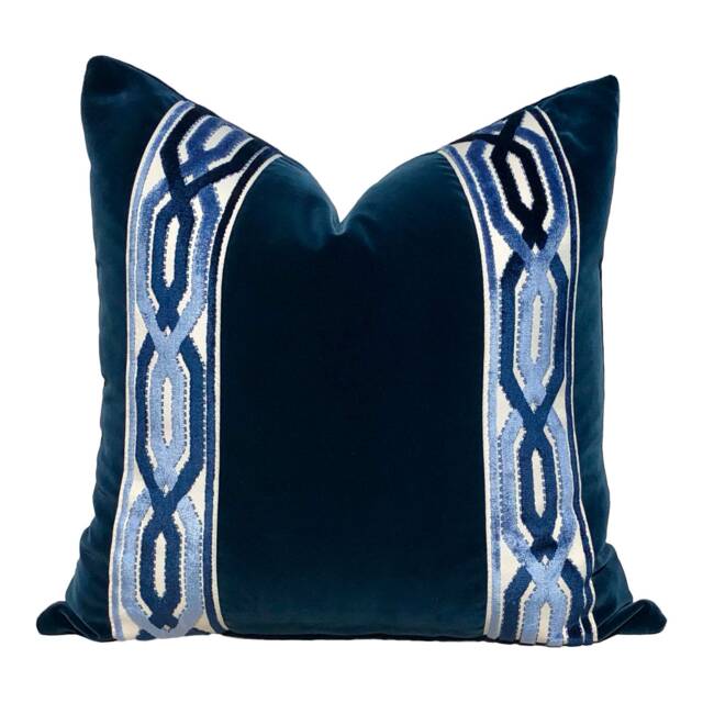 Velvet Pillow in Midnight Blue With Woven Trim, Lumbar Throw Pillow, Designer Sham, Plush Cushion Cover - image 1