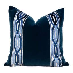 Velvet Pillow in Midnight Blue With Woven Trim, Lumbar Throw Pillow, Designer Sham, Plush Cushion Cover