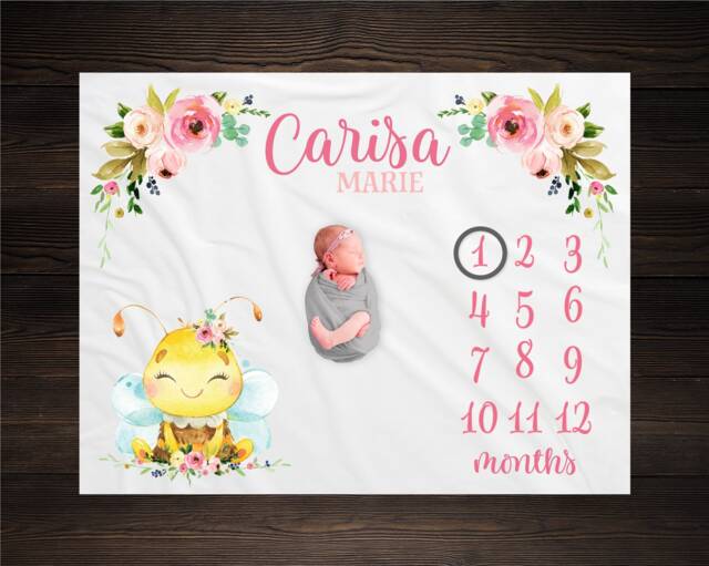 Floral Bee Milestone Blanket Personalized Monthly Growth Tracker Custom Baby Shower Gift Newborn Honey Nursery - image 1