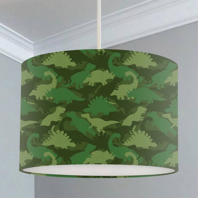 Dinosaur Lampshade, Green Camo, Nursery Children's Bedroom, Drum Ceiling Lamp Light Shade - image 1