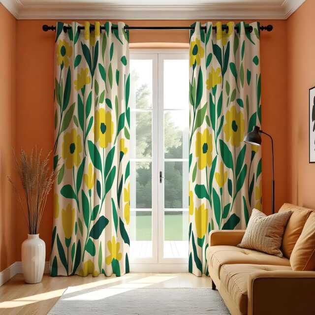 Yellow Floral Curtains, Modern Retro Flower Drapes, Green Leaf Botanical Print, Custom Made Eyelet Or Rod Pocket Window Panels - image 1
