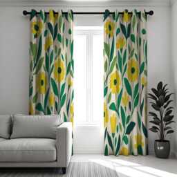 Yellow Floral Curtains, Modern Retro Flower Drapes, Green Leaf Botanical Print, Custom Made Eyelet Or Rod Pocket Window Panels - thumbnail 2