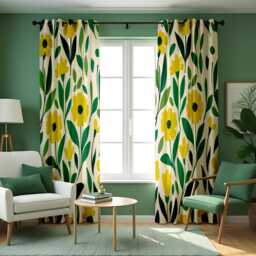 Yellow Floral Curtains, Modern Retro Flower Drapes, Green Leaf Botanical Print, Custom Made Eyelet Or Rod Pocket Window Panels - thumbnail 3