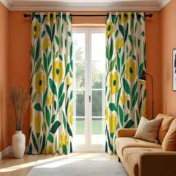 Yellow Floral Curtains, Modern Retro Flower Drapes, Green Leaf Botanical Print, Custom Made Eyelet Or Rod Pocket Window Panels - thumbnail 1