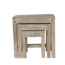 Mango Rough Sawn Distressed White Washed Nest Of Tables - thumbnail 2