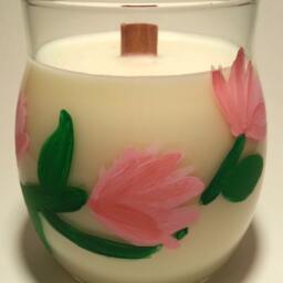 Hand-Painted Peony Soy Candle, Floral Art With Wood Wick - thumbnail 2