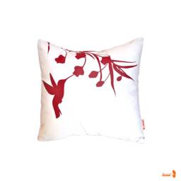 Red Print On White Cotton Hummingbird With Eucalyptus - Mini 10.5 Inches Square Pillow - thumbnail 1