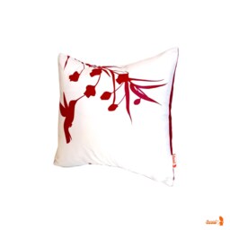 Red Print On White Cotton Hummingbird With Eucalyptus - Mini 10.5 Inches Square Pillow - thumbnail 3