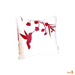 Red Print On White Cotton Hummingbird With Eucalyptus - Mini 10.5 Inches Square Pillow - thumbnail 2