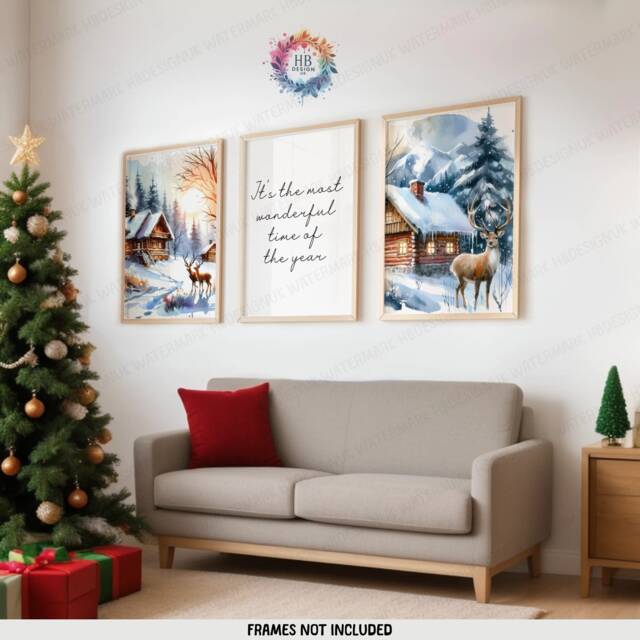 Christmas Wall Art Set - 3 Unframed Posters - Festive Reindeer Prints Merry Xmas Winter Artwork A4 A3 Watercolour Print Decor - image 1