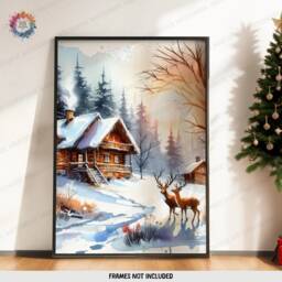 Christmas Wall Art Set - 3 Unframed Posters - Festive Reindeer Prints Merry Xmas Winter Artwork A4 A3 Watercolour Print Decor - thumbnail 3