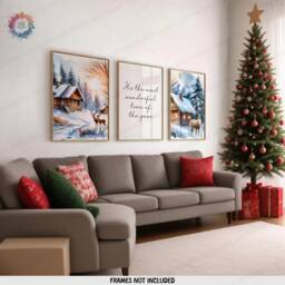 Christmas Wall Art Set - 3 Unframed Posters - Festive Reindeer Prints Merry Xmas Winter Artwork A4 A3 Watercolour Print Decor - thumbnail 2