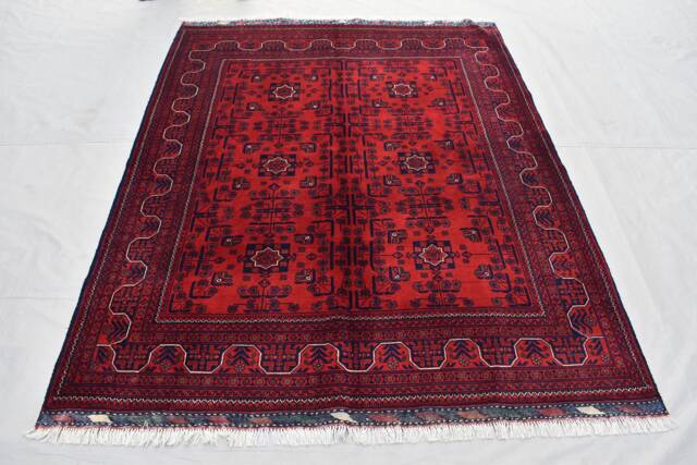Hand-Knotted Afghan Bukhara Wool Rug - 6.6 X 5.0 Ft - image 1