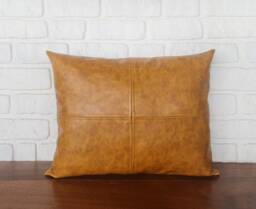Camel Vegan Leather Pillow Cover Modern Decorative Stitched Lumbar Or Square - thumbnail 1