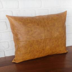 Camel Vegan Leather Pillow Cover Modern Decorative Stitched Lumbar Or Square - thumbnail 3