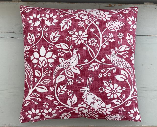 Handmade Country Animals Linen Hare, Pheasant, Game Birds Rouge Red Throw Pillow Sham Cushion Cover - image 1