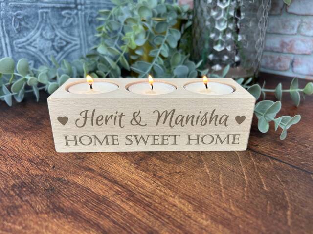Personalised Home Sweet 3 Tealight Candle Holder - New Home Gift - image 1