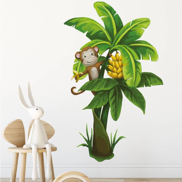 Monkey Tree Wall Sticker, Jungle Animal Nursery Decal, Childrens Watercolour Bedroom Decor, Banana Safari Mural, Removeable Fabric - image 1