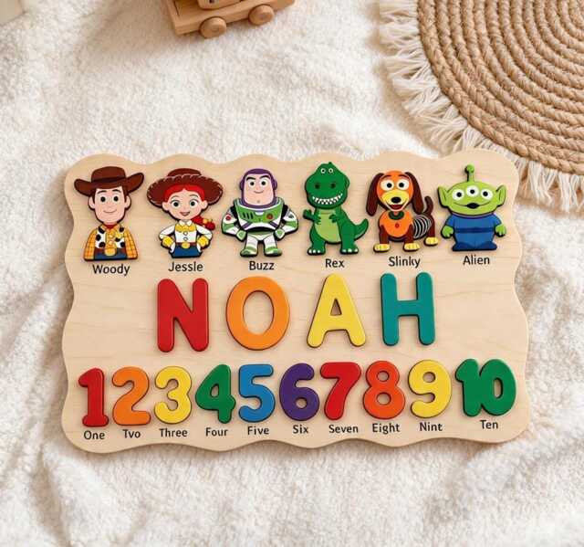 Personalized Winnie The Pooh Name Puzzle Board, Custom - Combining Geometry & Numbers, 1st Birthday Baby Gift - image 1