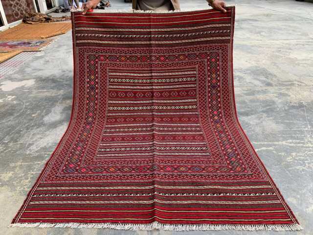 Handwoven Afghan Kilim Rug 4x6 Ft Red Geometric Wool Tribal Carpet - image 1