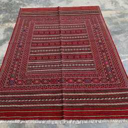 Handwoven Afghan Kilim Rug 4x6 Ft Red Geometric Wool Tribal Carpet - thumbnail 2