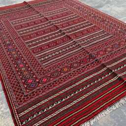 Handwoven Afghan Kilim Rug 4x6 Ft Red Geometric Wool Tribal Carpet - thumbnail 4