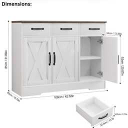 Sideboard Kitchen Cabinet 3 Doors, Drawers Wooden Storage Cupboard - thumbnail 4
