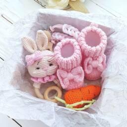 Baby Girl First Easter Gift With Bunny Toy & Booties Set, Crochet Carrot Toy, Girl Basket Stuffers, Newborn Box - thumbnail 2