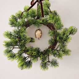Faux Small Rustic Pine Wreath With Bell & Velvet Ribbon/25cm Christmas Hanging Decorations - thumbnail 2