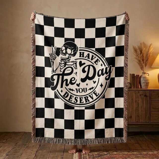 Have The Day You Deserve Woven Blanket, Skeleton Throw Gothic Home Decor, Checkered Halloween Gift, Spooky Decor - image 1