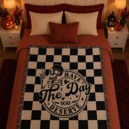 Have The Day You Deserve Woven Blanket, Skeleton Throw Gothic Home Decor, Checkered Halloween Gift, Spooky Decor - thumbnail 2