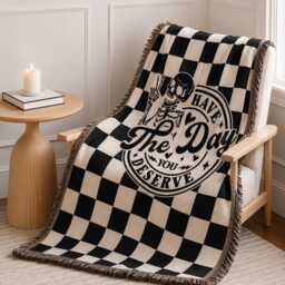 Have The Day You Deserve Woven Blanket, Skeleton Throw Gothic Home Decor, Checkered Halloween Gift, Spooky Decor - thumbnail 3
