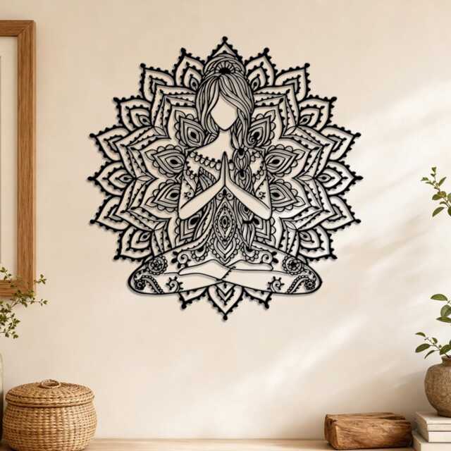 Yoga Woman Mandala Metal Wall Art, Meditation Lotus Pose Girl Iron Sign, Spiritual Boho Zen Bedroom Studio Decor, Hanging - image 1